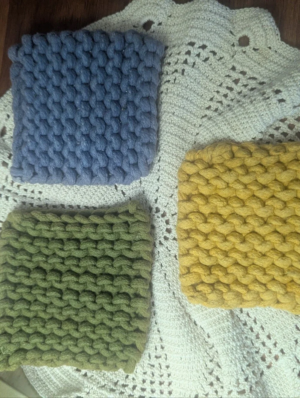 Chunky Knit Coasters r - Olive, Mustard, Blue